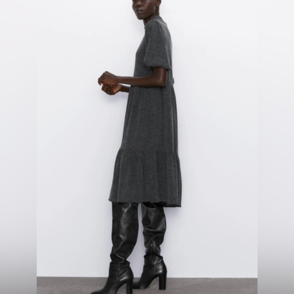 ZARA knit LACK SOFT TOUCH DRESS High Neck Ruffled Hem Short Sleeve Puff Sleeve
